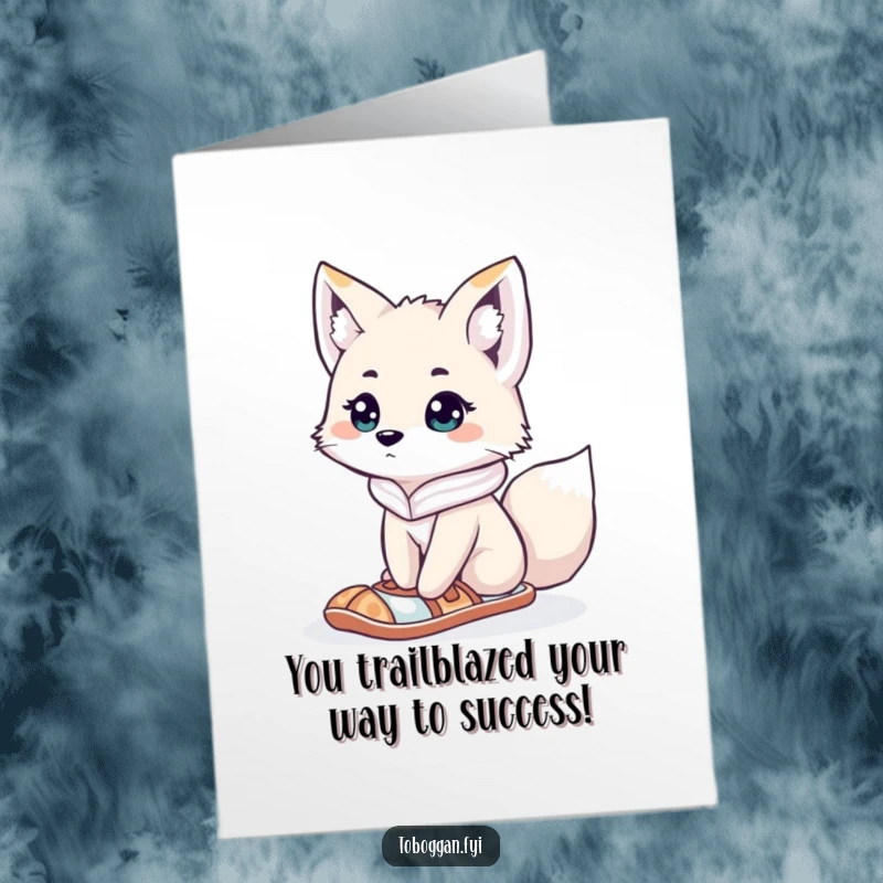Funny Free Printable Arctic Fox Congratulations Card: A curious, lost fox with snowshoes celebrates finding their way.