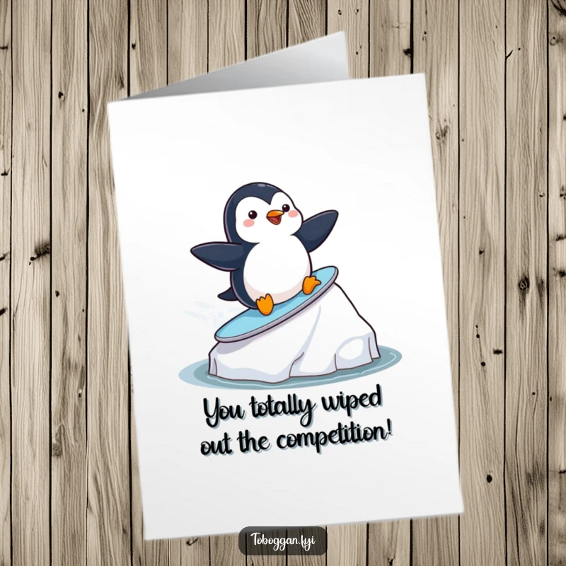 Funny Free Printable Penguin Congratulations Card: A playful penguin surfs an iceberg to celebrate a cool achievement.