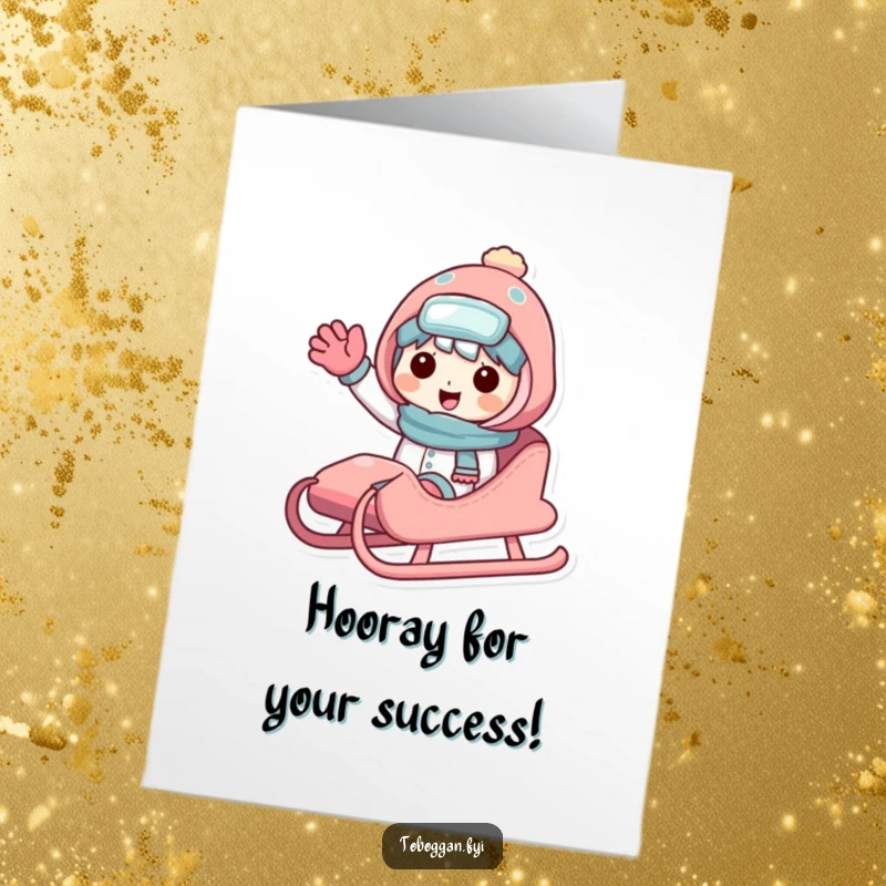 Funny free printable congratulations card featuring a character on a sled, giving a warm and friendly wave.