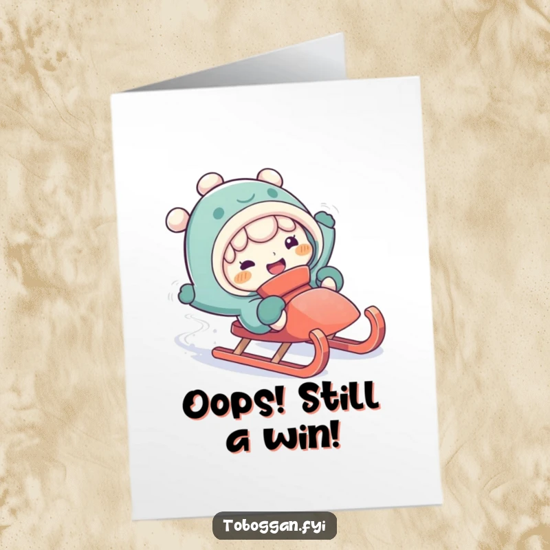 Funny free printable congratulations card of a character comically falling off a sled, face twisted in a silly, surprised expression.