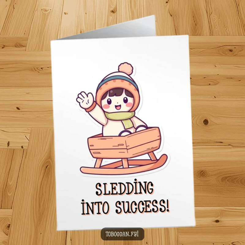 Funny Free Printable Congratulations Card: A character cheerfully waves from a toboggan, celebrating an achievement.