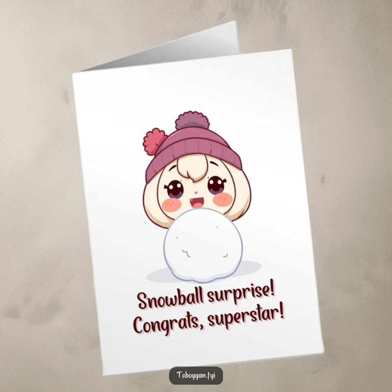 Funny Free Printable Congratulations Card featuring a character looking surprised and delighted as a snowball approaches, captured mid-reaction.