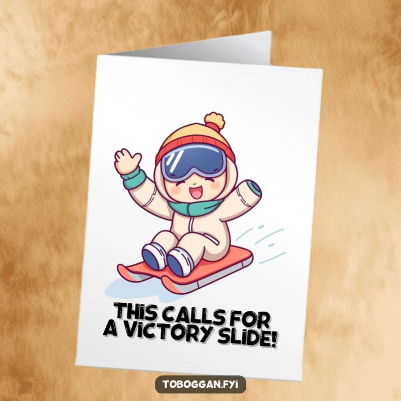 Funny Free Printable Congratulations Card: Character joyfully sledding downhill, celebrating a victory with a big wave and a huge grin.