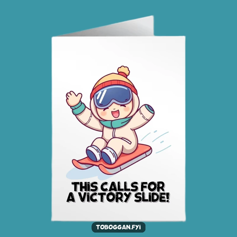 Free Printable Congrats Card: Sledding Character Wins Big Funny Downloadable