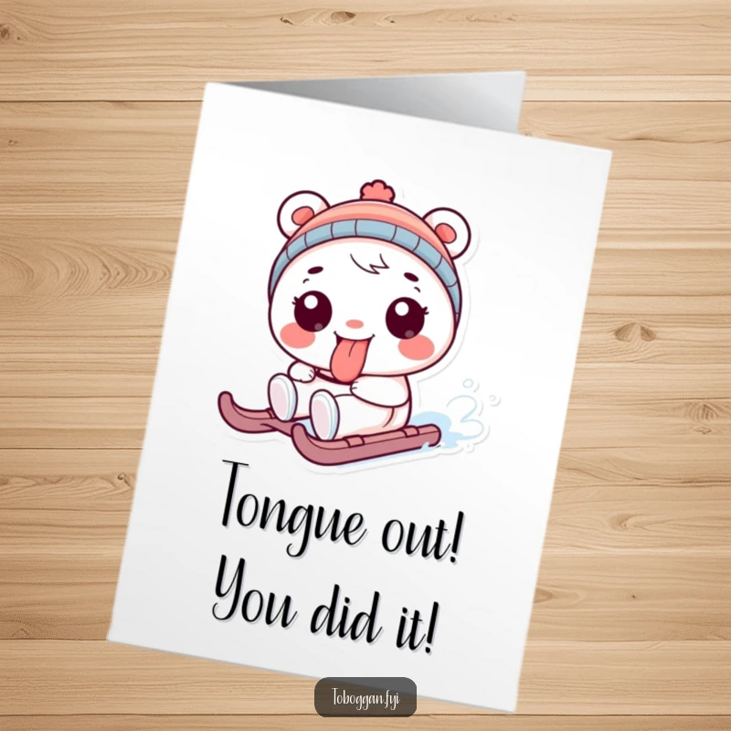 Funny Free Printable Congratulations Card: Sledding Character Boldly Sticking its Tongue Out