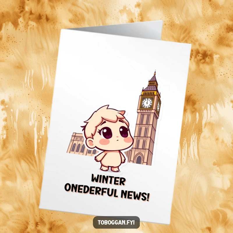 Funny Free Printable Congratulations Card: A curious snowman looks up at falling snow from a toboggan, celebrating a cool achievement.