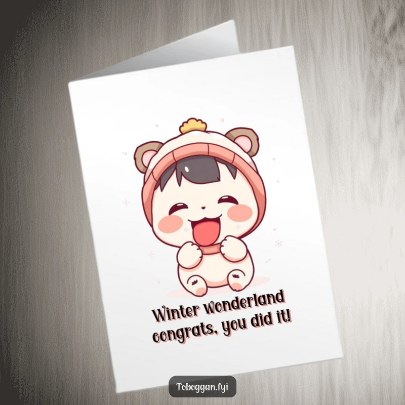 Funny Free Printable Congratulations Card showing a joyful character with their tongue sticking out catching delicate snowflakes in the air.