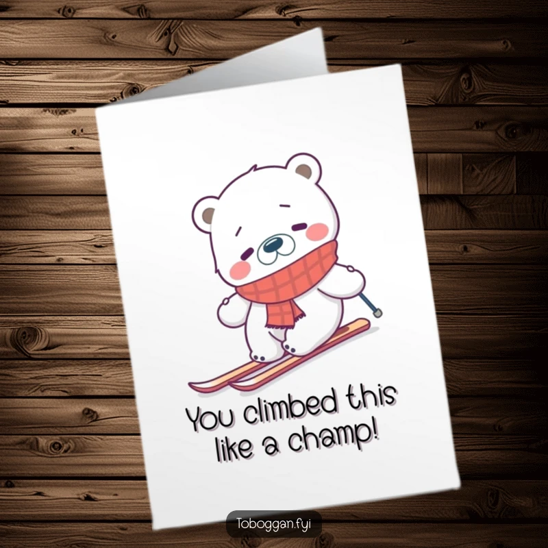 Funny Free Printable Polar Bear Congratulations Card: A confused bear in a scarf attempts to ski uphill after a win.