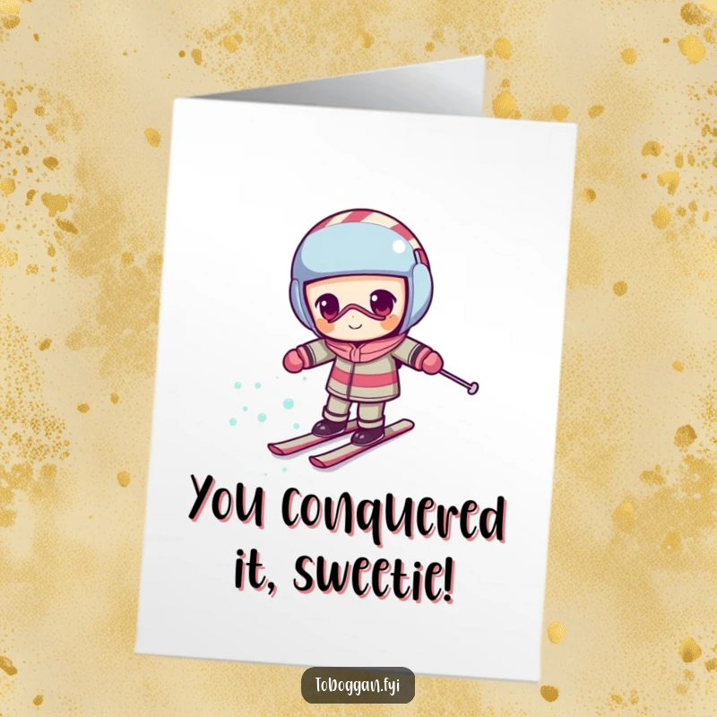 Funny Free Printable Congratulations Card: Determined candy cane character comically skiing uphill, representing a challenging but sweet victory.