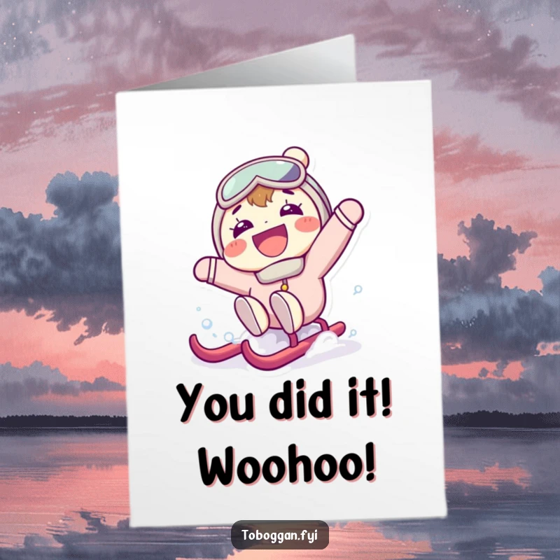 Funny Free Printable Congrats Card: Character with a big grin falling off a sled, celebrating with humor.