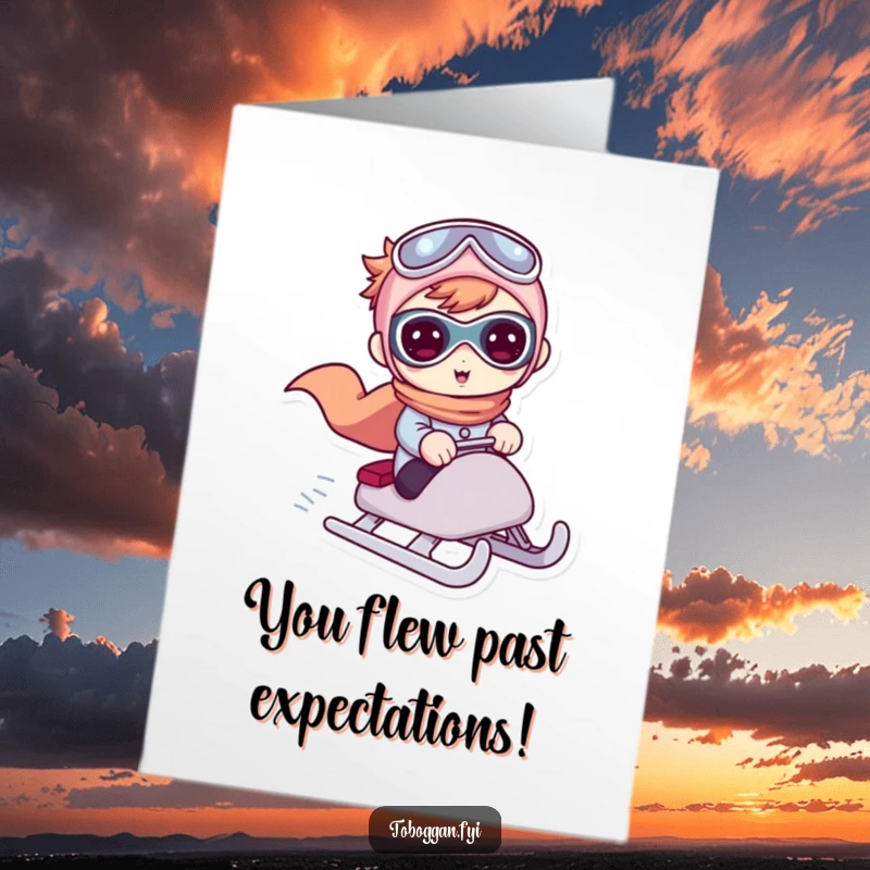 Funny Free Printable Congrats Card: Cute Character Pretends to be Superhero Riding a Sled