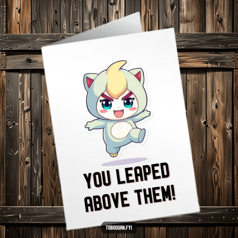 Funny free printable congratulations card: a character mid-playful jump with a determined expression, celebrating a successful leap.