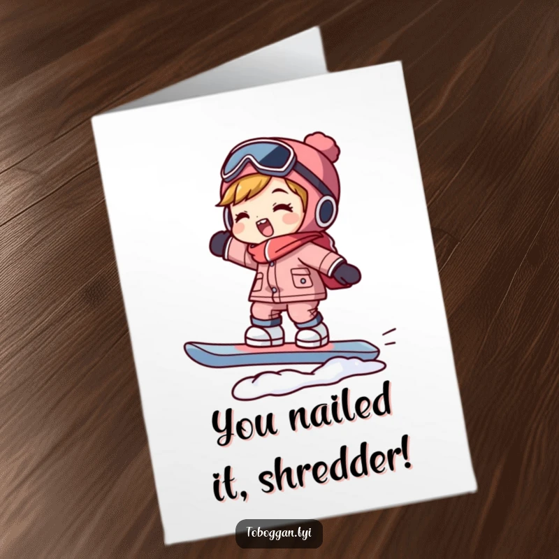 Funny free printable congratulations card: a character celebrating on a snowboard, a hilarious win for any occasion.