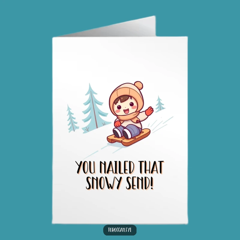 Free Printable Congrats Card: Snowy Sledding Success, Cute Character, Downloadable