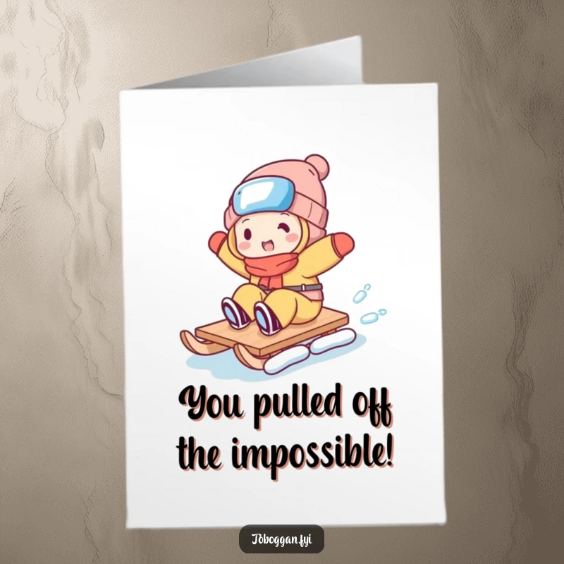 Funny Free Printable Congratulations Card: Character executing a wild, silly trick on a toboggan, looking ecstatic.