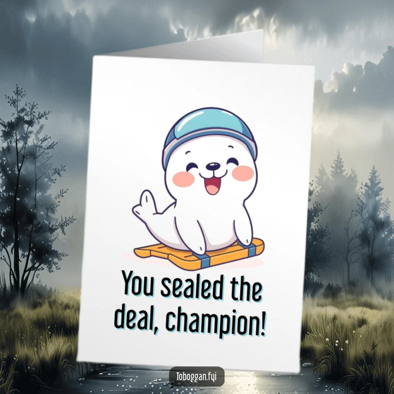 Funny Free Printable Seal Congratulations Card: A delighted seal in a helmet slides happily, celebrating success.