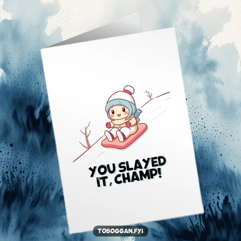 Funny Free Printable Congratulations Card: Cute cartoon character joyfully sliding down a snowy hill, celebrating success.