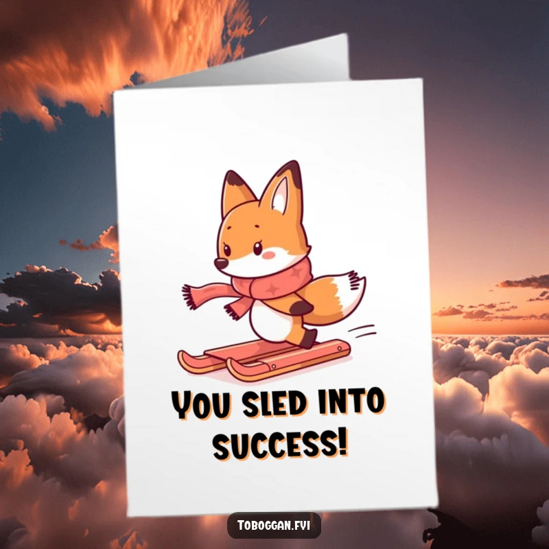 Funny Free Printable Congratulations Card: Determined Scarf-wearing Fox Comically Chasing a Runaway Toboggan