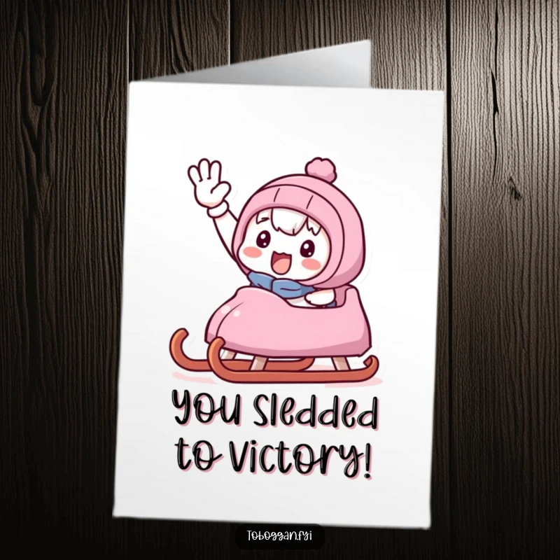 Funny Free Printable Congratulations Card: Cute character waving victoriously from a sled, celebrating a major achievement.