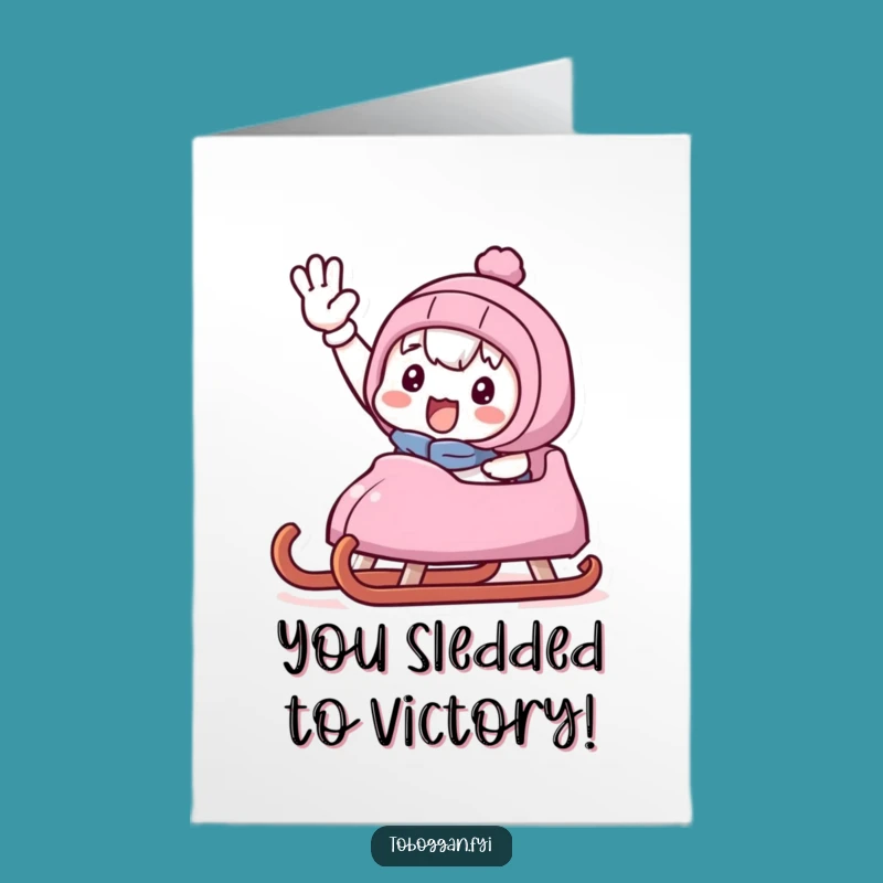 Free Printable Congratulations Card: Triumphant Sled Wave Character Celebration Downloadable