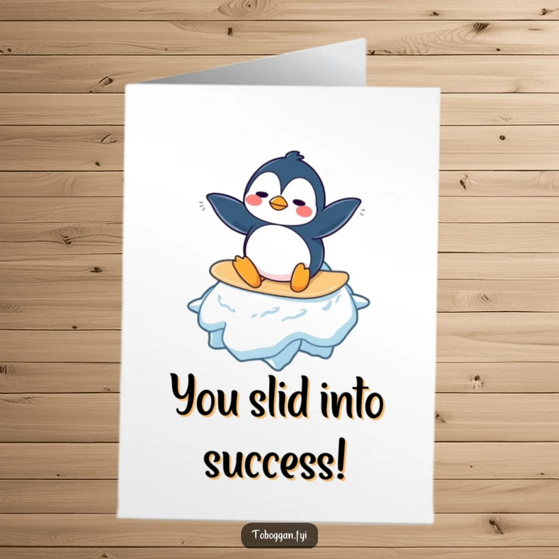 Funny Free Printable Congrats Card: Penguin looks confused trying to surf a giant snowflake, a humorous downloadable greeting.