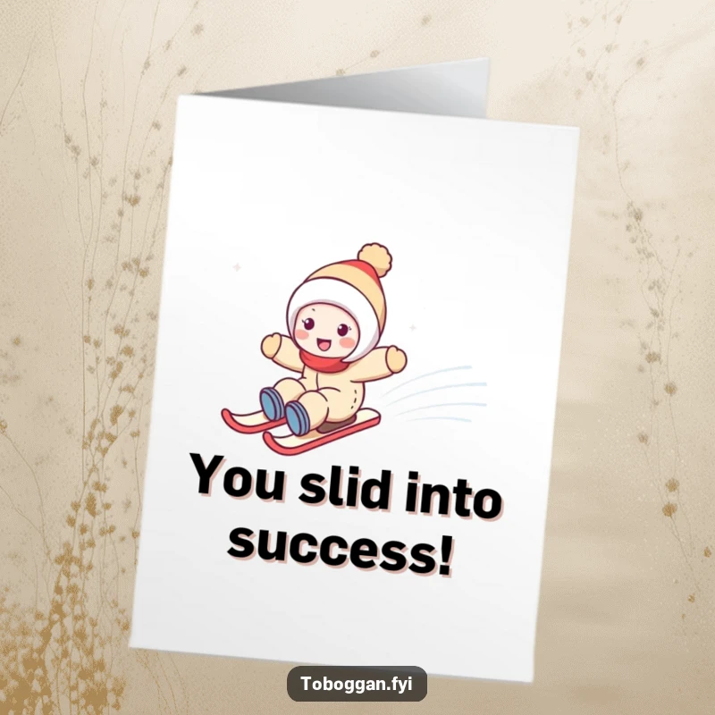 Funny Free Printable Congrats Card: Cheerful character speeding down a snow hill, celebrating achievement with pure energy.