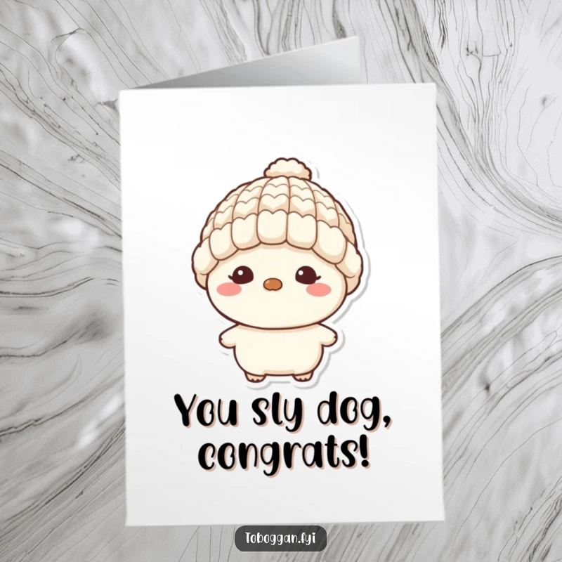 Funny free printable congratulations card: a character with a mischievous grin and tiny hat, celebrating with a playful wink.