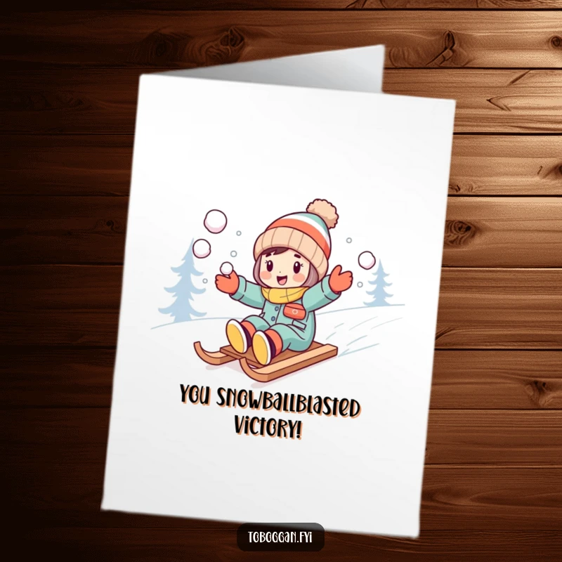 Funny Free Printable Congratulations Card: Character excitedly throwing snowballs while riding their sled downhill.