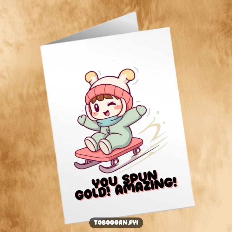 Funny Free Printable Congrats Card: Character with a playful wink spinning wildly on a toboggan.
