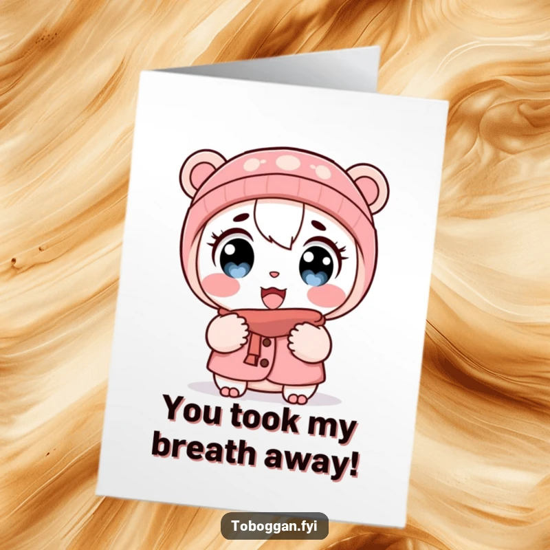 Funny Free Printable Congratulations Card: Character surprised with wide eyes and puffed cheeks in the cold, reacting to good news.