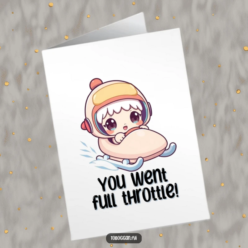 Funny Free Printable Congratulations Card: Character gripping their sled, eyes wide with surprise as it zooms.