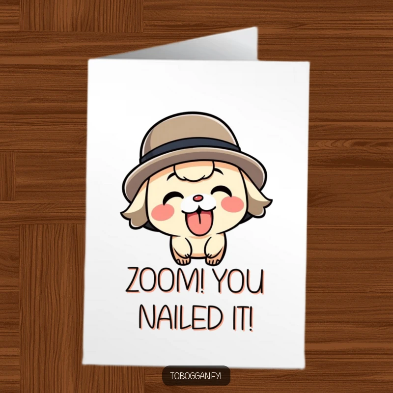 Funny Free Printable Congratulations Card: A character with tongue out speeds by, celebrating an achievement.
