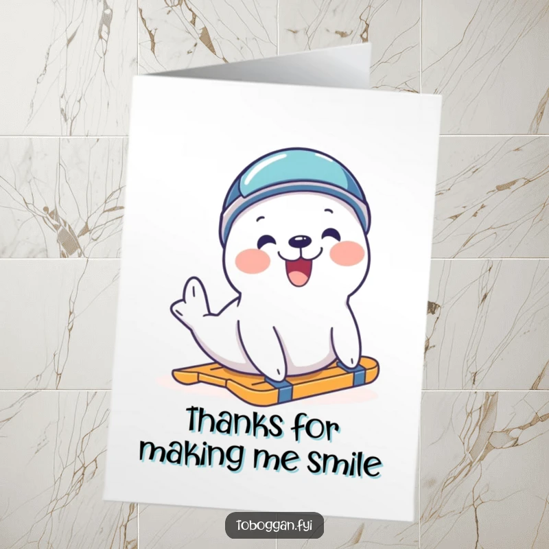 Funny Free Printable Seal Thank You Card: A delighted seal in a helmet slides and expresses happy thanks.