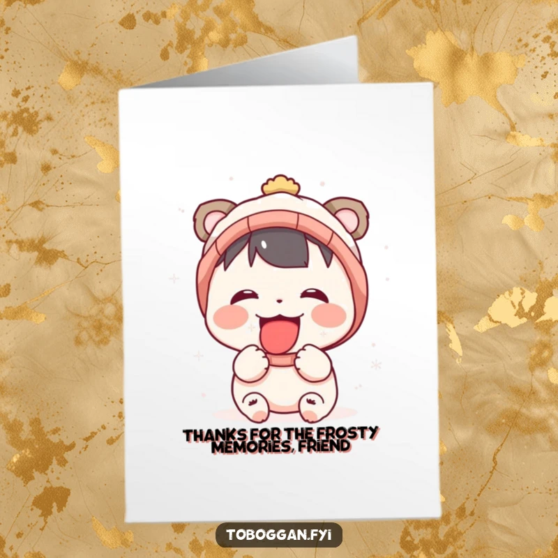 Funny Free Printable Thank You Card featuring a cheerful character with mouth open, joyfully catching falling snowflakes on their tongue.