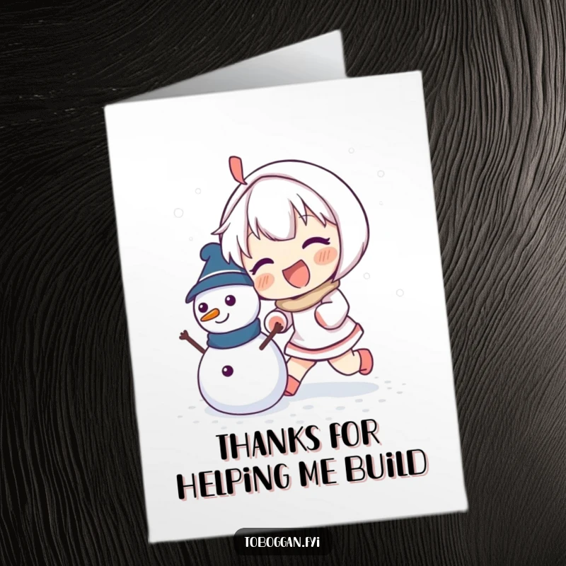 Funny Free Printable Thank You Card of a character happily pushing a small snowman, radiating winter joy and helpfulness.