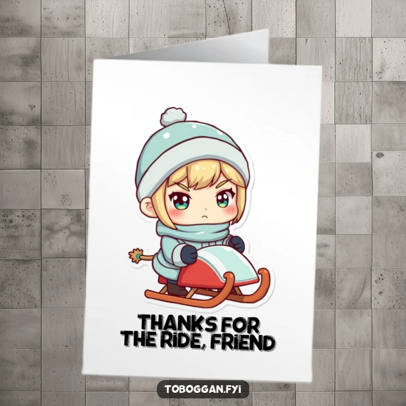 Funny Free Printable Thank You Card of a character with a resolute expression, holding a sled, symbolizing assistance and determination.