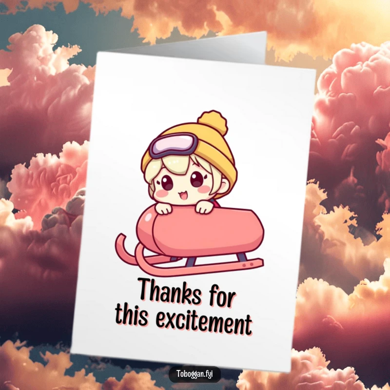 Funny free printable thank you card: a character excitedly peeks over the side of a sled.