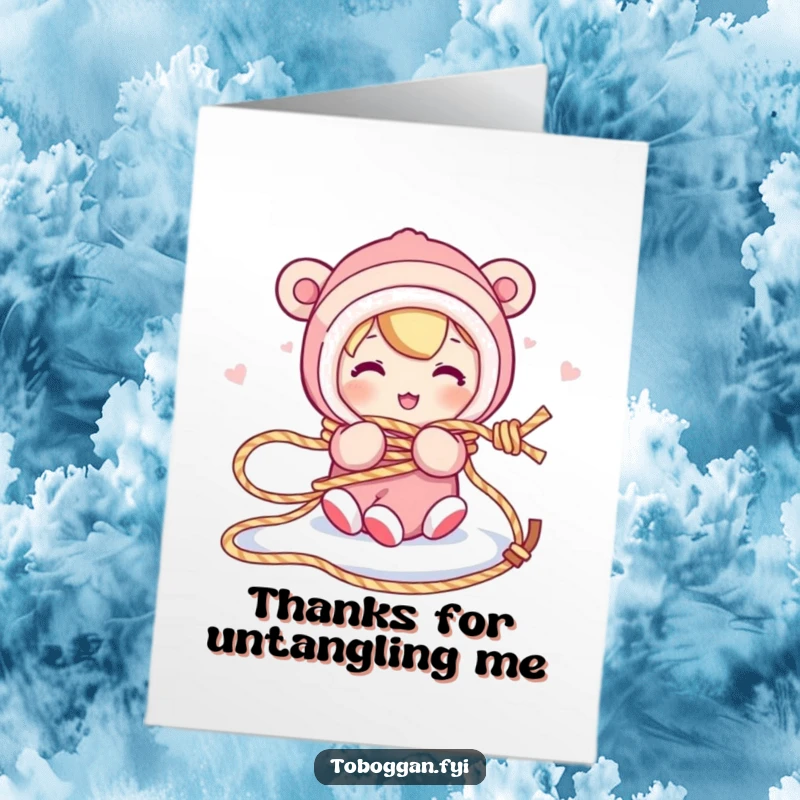 Funny free printable thank you card: a character is comically tangled in their own sled rope.