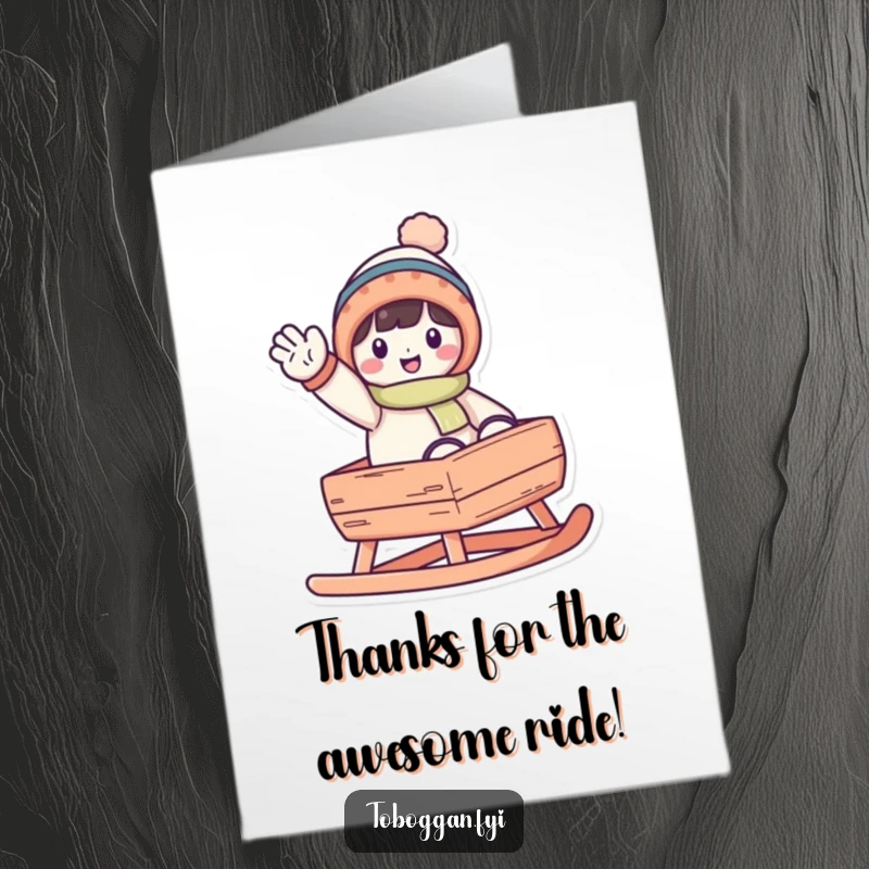 Funny Free Printable Thank You Card: A character waves from a toboggan, sending cheerful thanks.