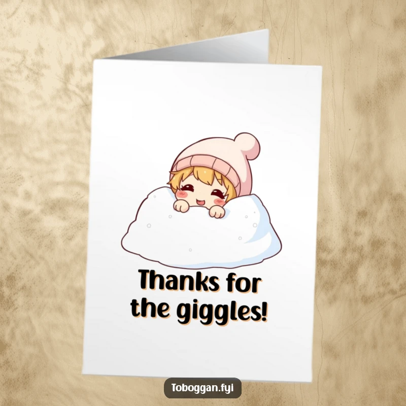 Funny Free Printable Thank You Card: A cute character peeking from a snowdrift, offering thanks with a sweet, infectious giggle.