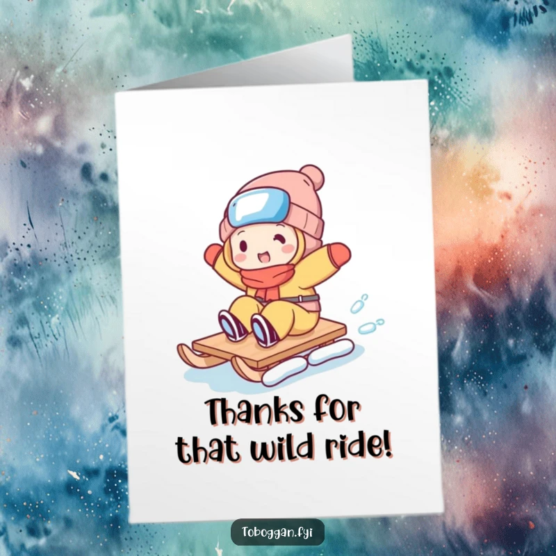 Funny Free Printable Thank You Card: Character attempting a clumsy yet hilarious trick on a toboggan, mid-fall.