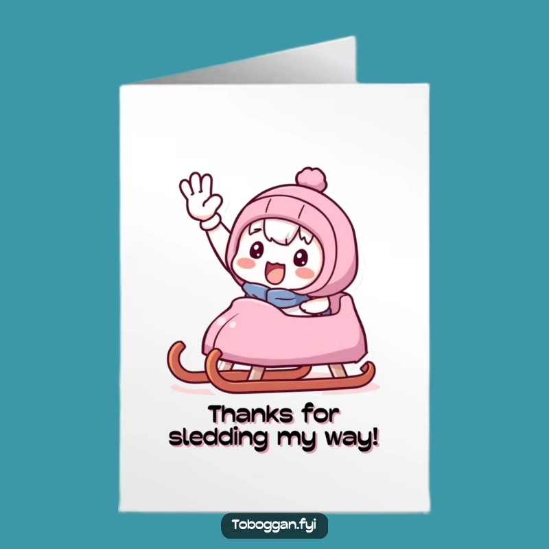 Free Printable Thank You Card: Sled Wave Character Expressing Thanks Downloadable