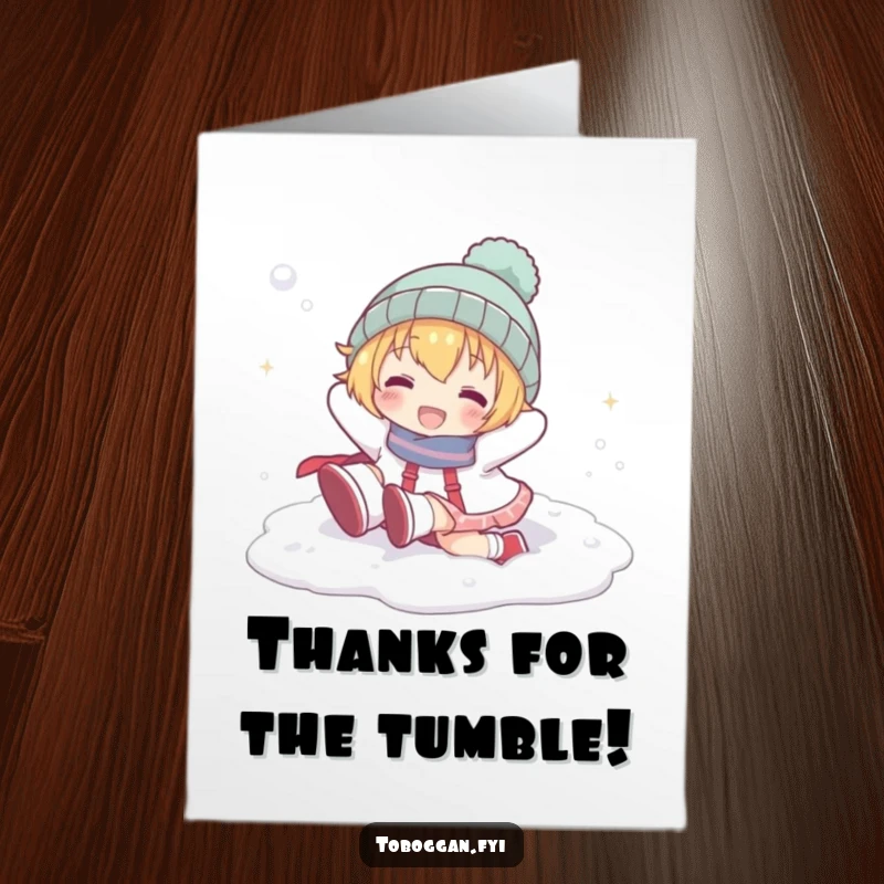 Funny Free Printable Thank You Card: Character playfully tumbling head over heels in snow, expressing thanks with glee.