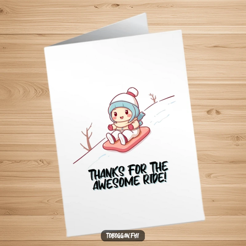 Funny Free Printable Thank You Card: Cute cartoon character gleefully sliding down a snowy hill, expressing thanks.