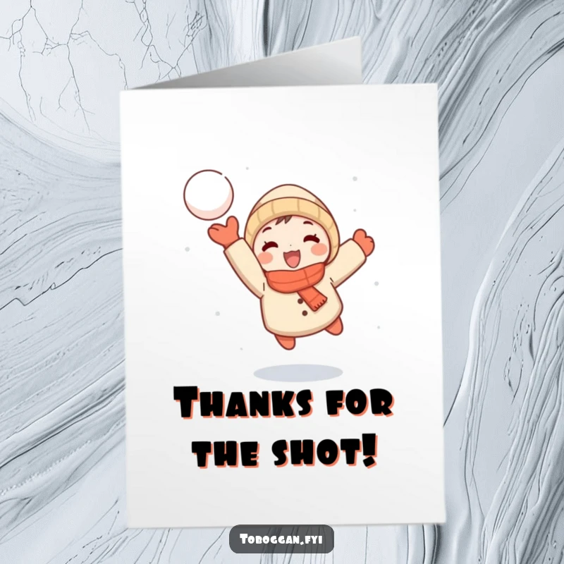 Funny Free Printable Thank You Card: Small character joyfully throwing a snowball, mid-flight, sending thanks.