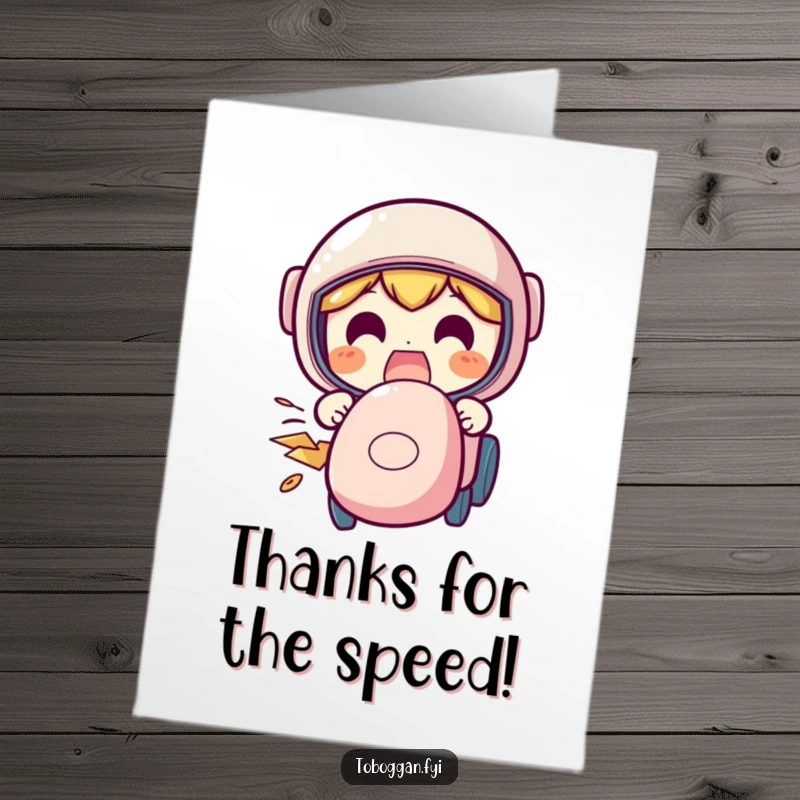 Funny free printable thank you card of a character making a wildly excited face while speeding downhill on a sled.