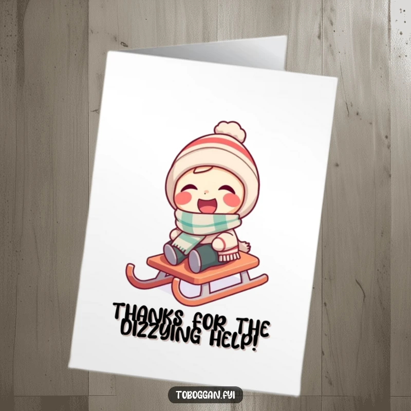 Funny Free Printable Thank You Card: Character in a scarf laughing as their sled spins around.
