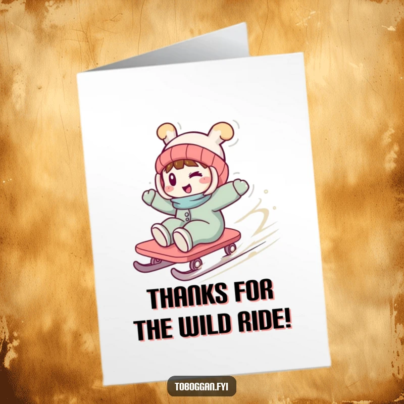 Funny Free Printable Thank You Card: Character winking playfully while spinning crazily on a toboggan.
