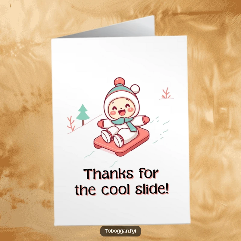 Funny Free Printable thank you card: a cute character gleefully tobogganing down a snowy slope, expressing thanks.