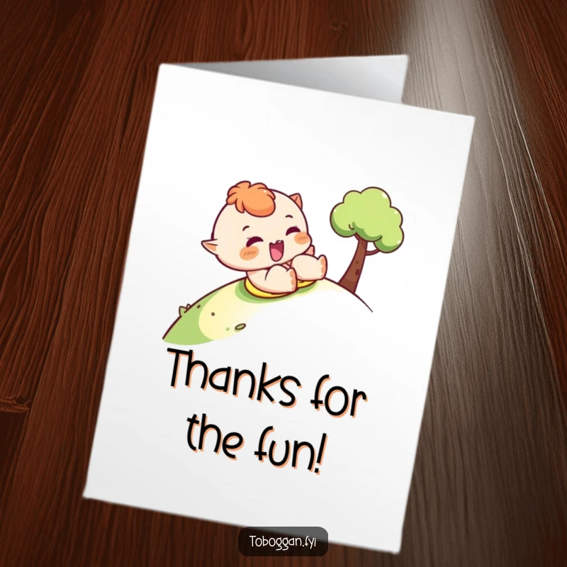 Funny free printable thank you card featuring a character sliding down a hill with a cheeky wink, conveying playful thanks.